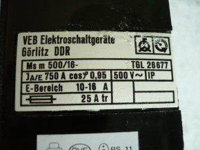 Hauptschalter Motorschutzschalter MS500/16 EAW VEB DDR Hebebühne Säge E 10-16A